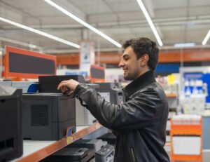 man is choosing black and white printers for business