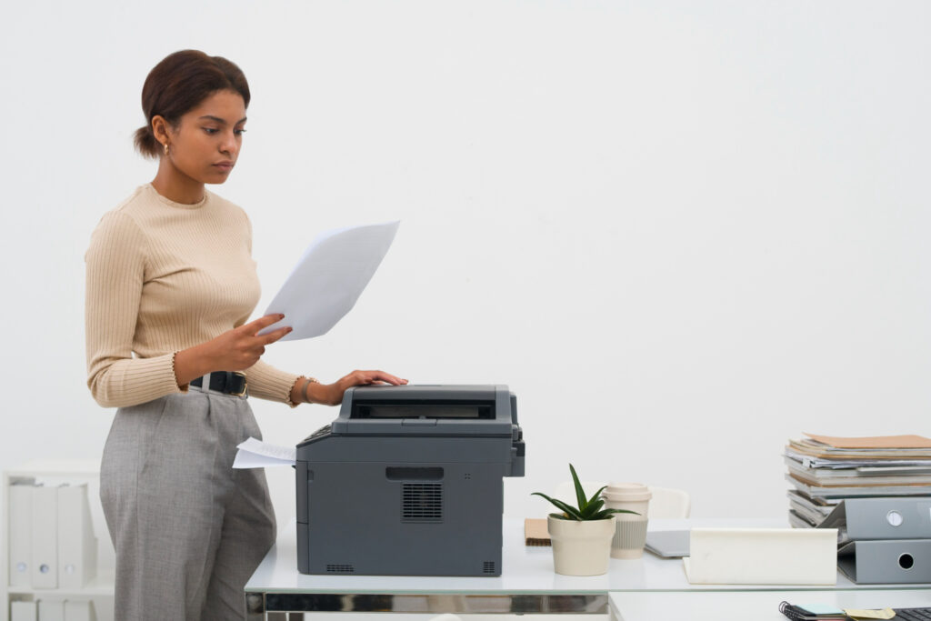 Woman is considering Lease Terms and Prices of copy machine