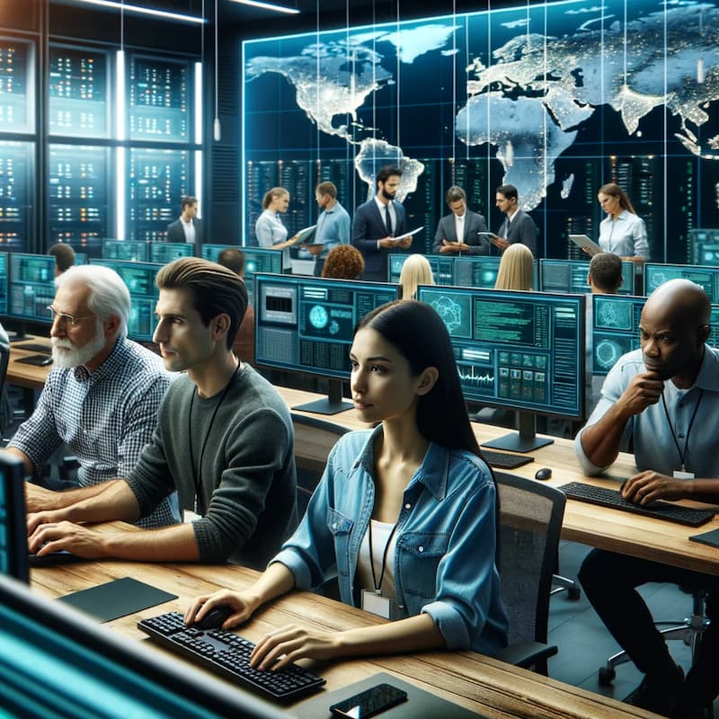 Photo of a modern cybersecurity protocols hub with professionals at workstations monitoring cyber threats
