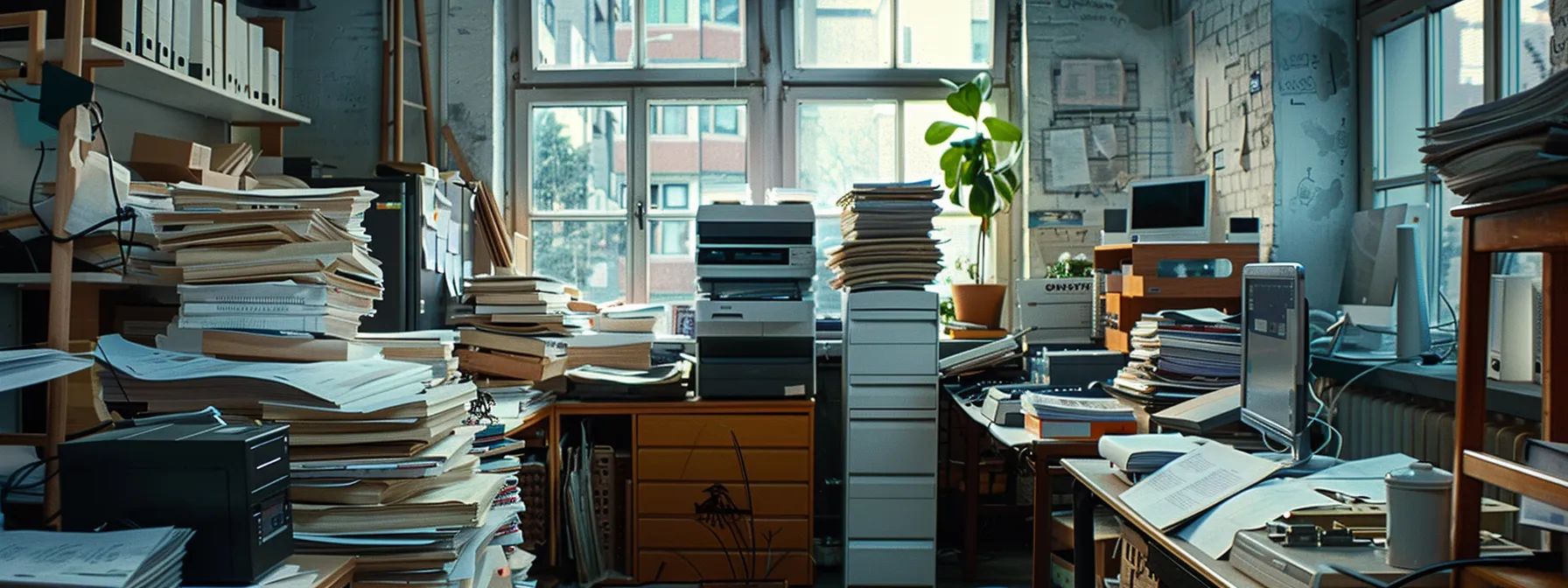 a cluttered office with paper stacks overflowing from a printer, emphasizing the inefficiencies of traditional print setups.