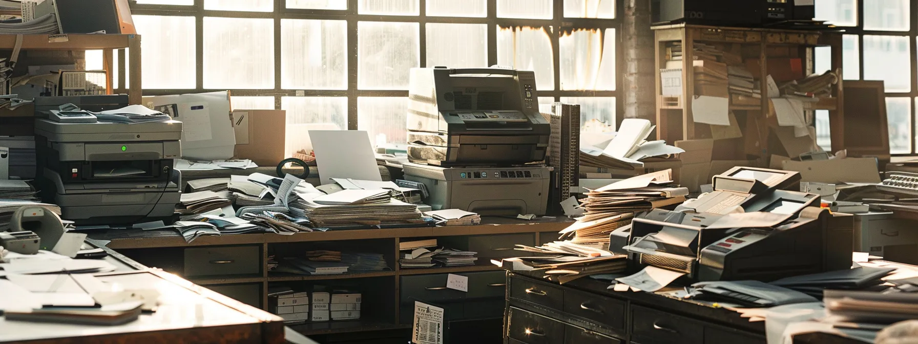 Optimizing Office Printing: How Managed Services Reduce Costs 9 a cluttered office space filled with outdated printers, dusty toner cartridges, and piles of paper, highlighting the hidden costs and inefficiencies of office printing.