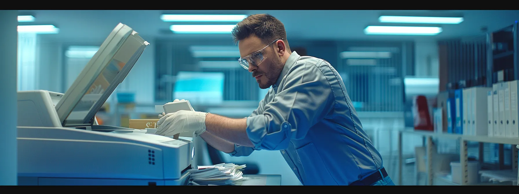 a technician meticulously inspecting and cleaning a high-tech photocopier in a well-lit office setting.