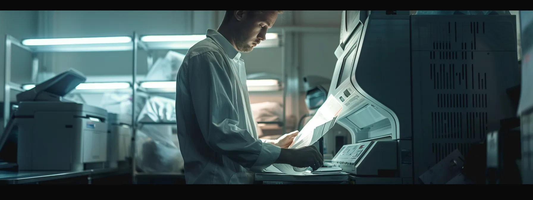 a technician conducting a thorough inspection of a copier machine, identifying potential issues before they escalate.