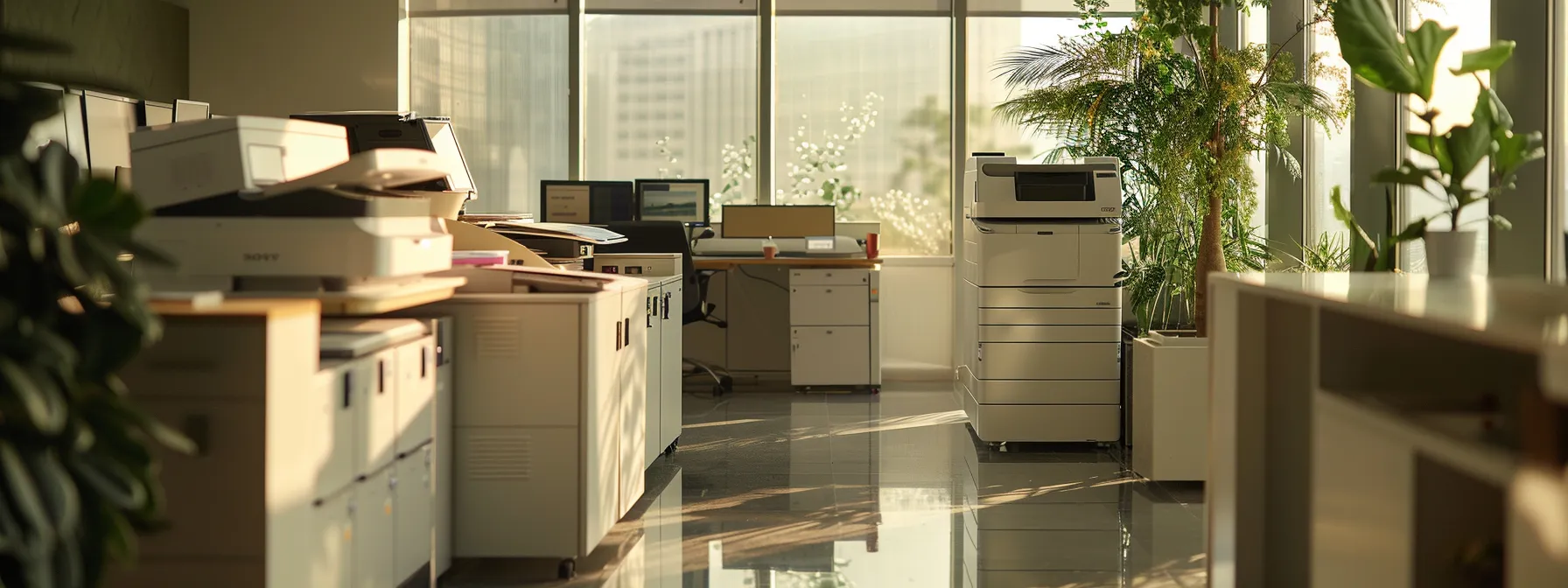 a sleek, modern office with state-of-the-art printing equipment being managed by a professional vendor, showcasing efficiency, security, and sustainability in action.