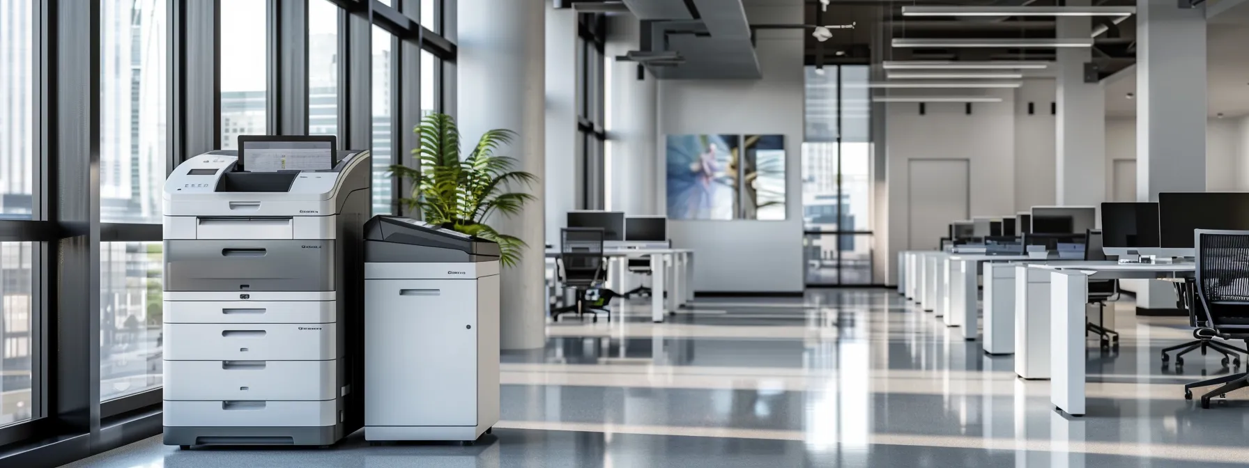 Optimizing Office Printing: How Managed Services Reduce Costs 11 a sleek, modern office setting with efficient printing equipment and eco-friendly practices in place, showcasing the benefits of implementing managed print services.