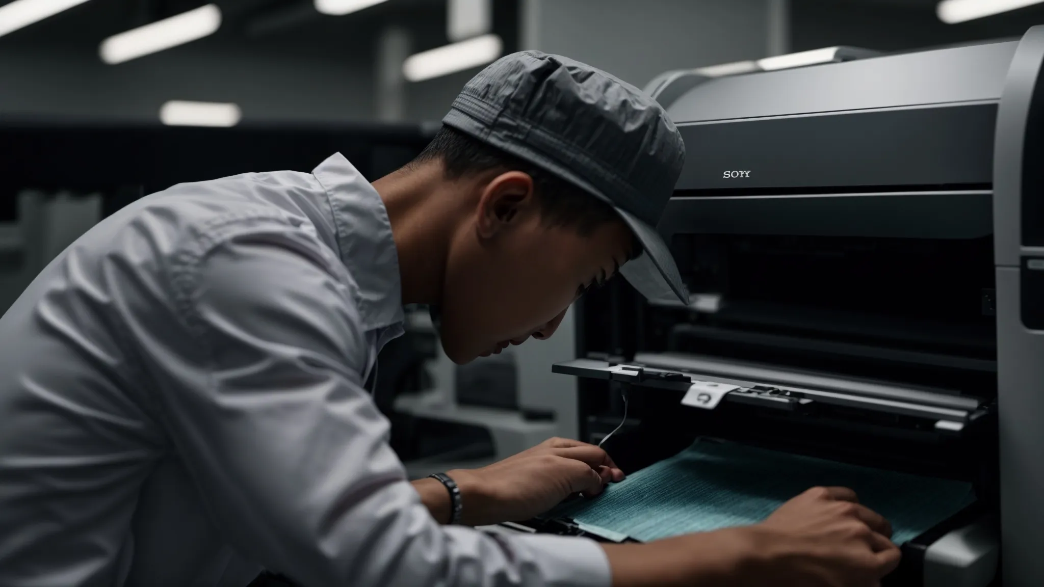 a technician meticulously cleaning the inner workings of a high-end photocopier, ensuring optimal performance and longevity while preventing potential issues.