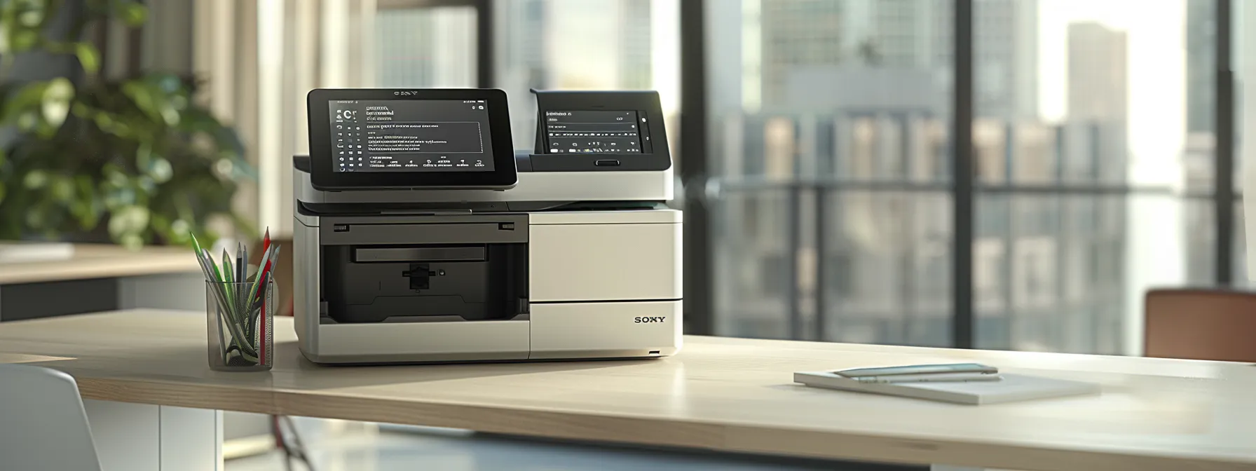 Optimizing Office Printing: How Managed Services Reduce Costs 12 a sleek, modern office printer with a digital display screen showing low energy consumption and user authentication prompts.