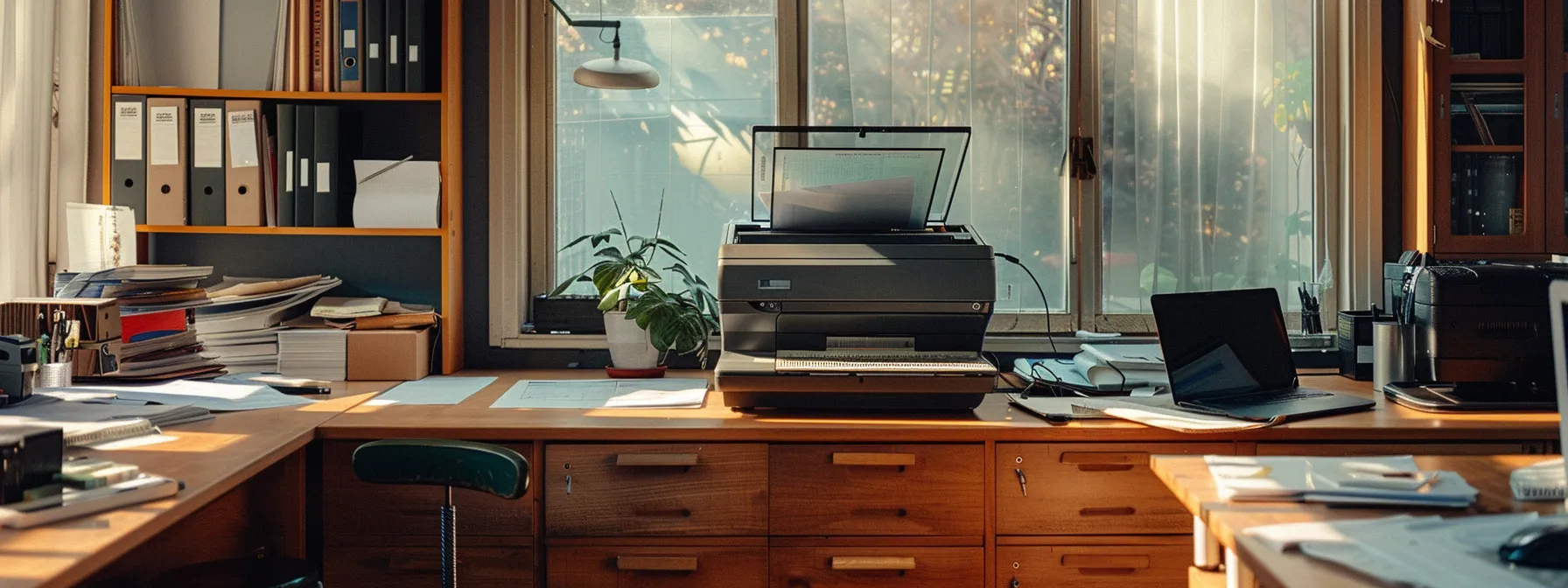 an organized desk with a pristine copier machine, its glass gleaming and paper trays free of debris, showcasing regular cleaning practices in action.