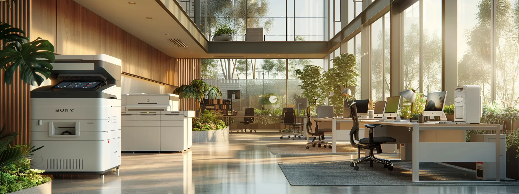 Optimizing Office Printing: How Managed Services Reduce Costs 10 a sleek, modern office with efficient, networked printers and a clutter-free workspace, showcasing the benefits of managed print services (mps).