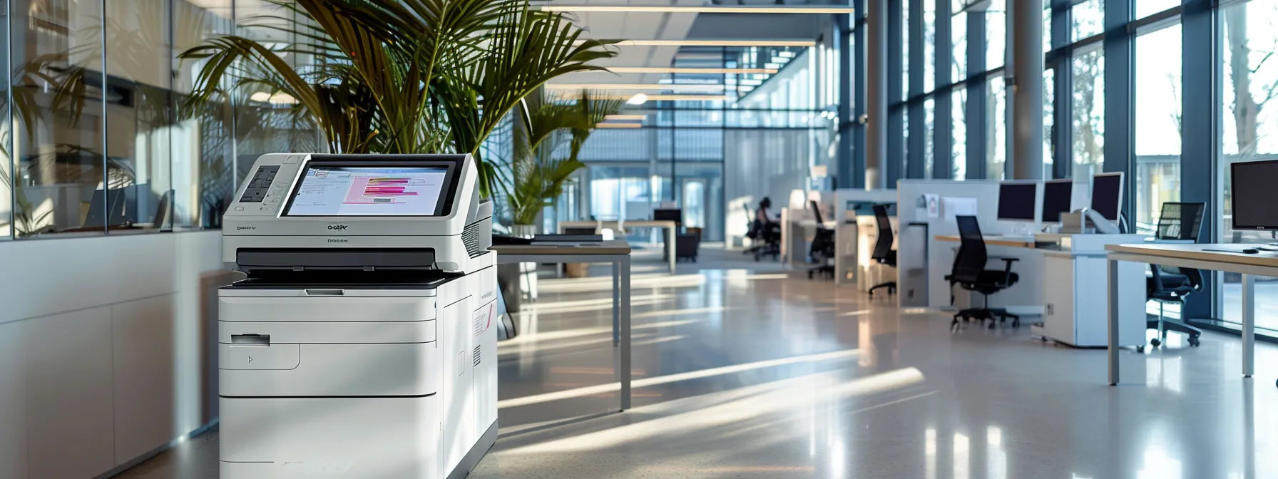 Optimizing Office Printing: How Managed Services Reduce Costs 13 a sleek, modern office with efficient printing processes in place, showcasing how managed print services lead to cost savings and improved operations.