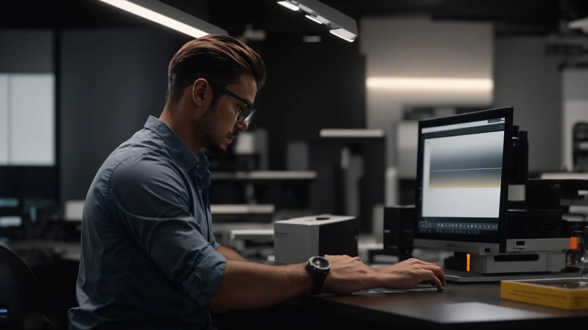 a professional technician carefully calibrating a high-speed printer in a sleek, modern office setting.