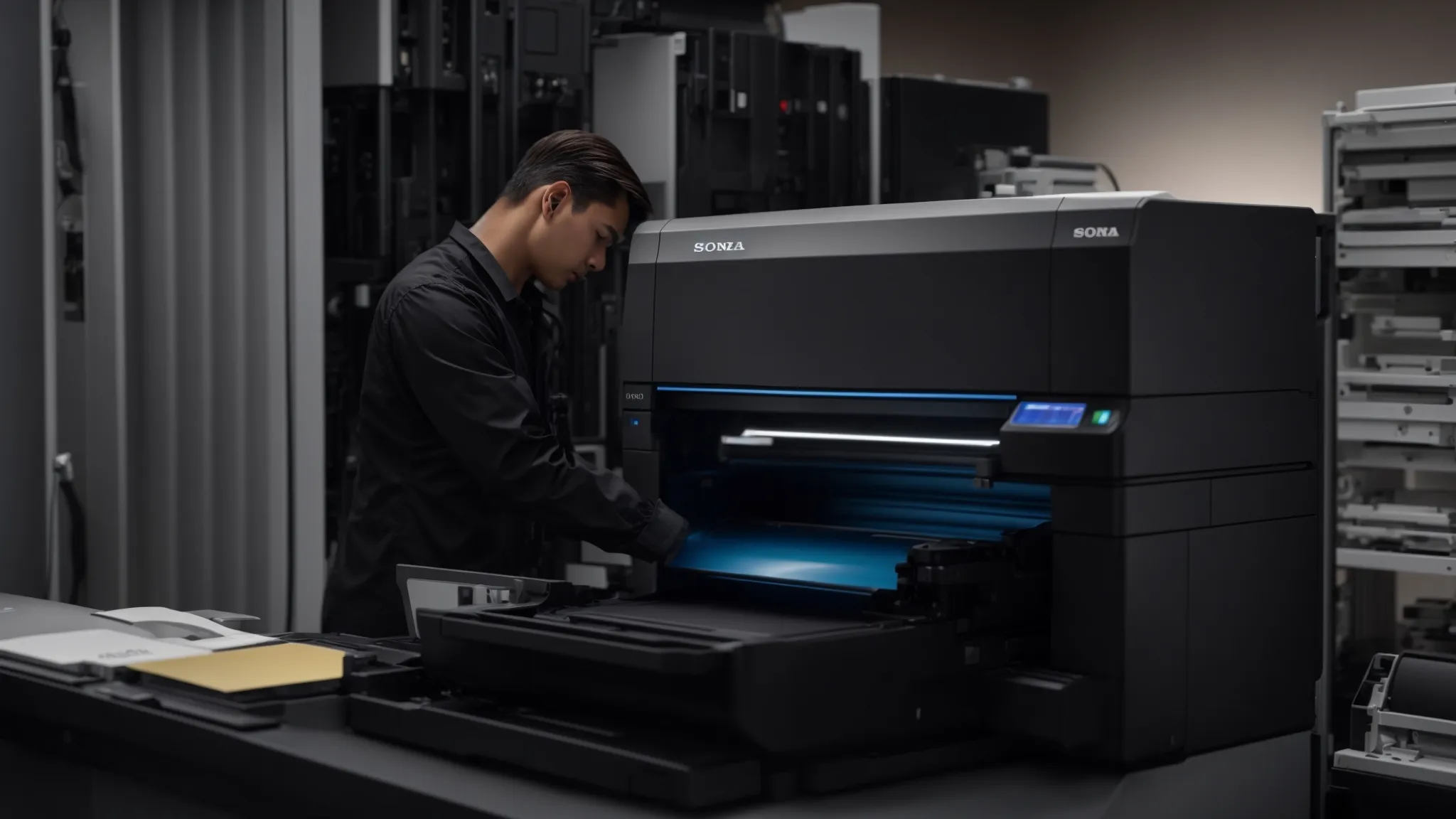 a technician diligently servicing a konica minolta printer, ensuring optimal performance and reliability in a modern office setting.