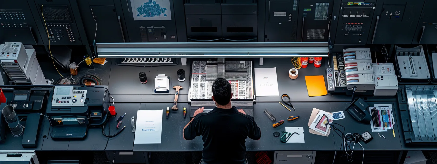 a technician from konica minolta conducting a detailed assessment of a printer, surrounded by a variety of tools and equipment for maintenance.