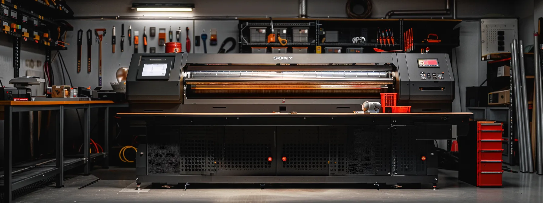 Discovering the Most Reliable Large Format Printer Brands 11 a sleek, modern large format printer surrounded by tools and spare parts, showcasing reliability through its durable build quality, warranty stickers, and maintenance log.