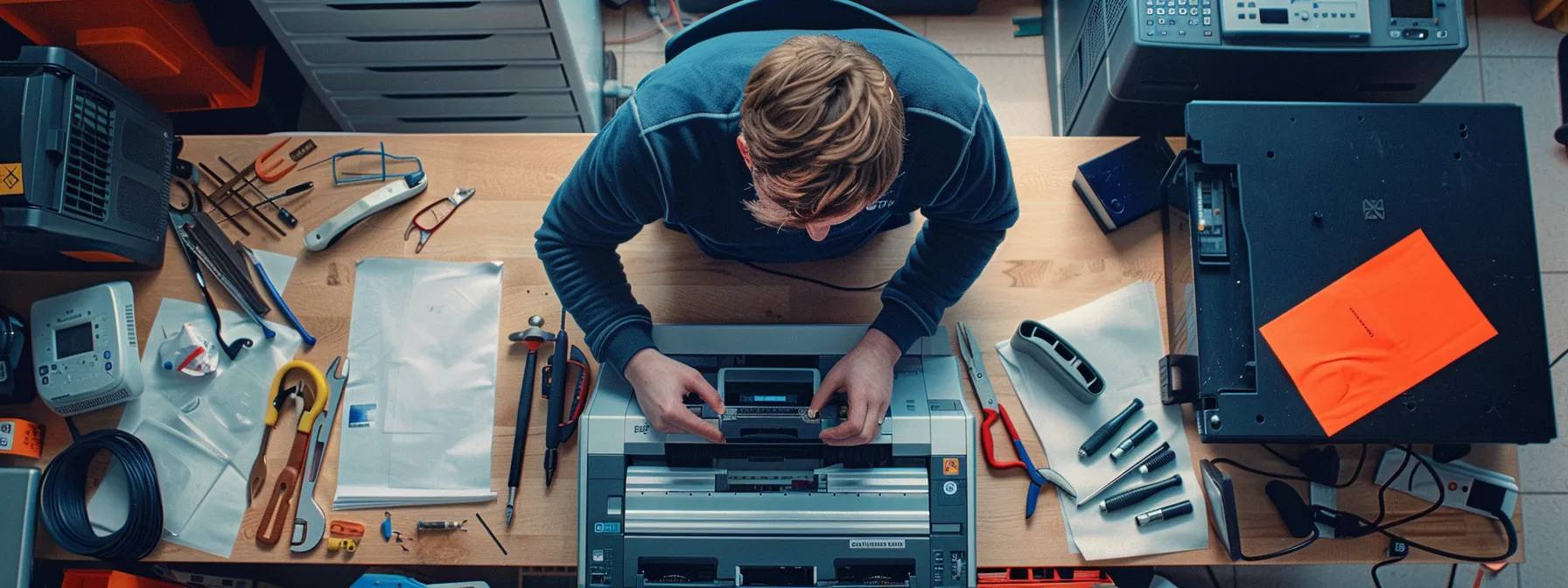 Kyocera Photocopier Repair Manual: A Comprehensive Guide 11 a technician carefully replacing a toner cartridge on a kyocera photocopier, surrounded by tools and safety equipment.