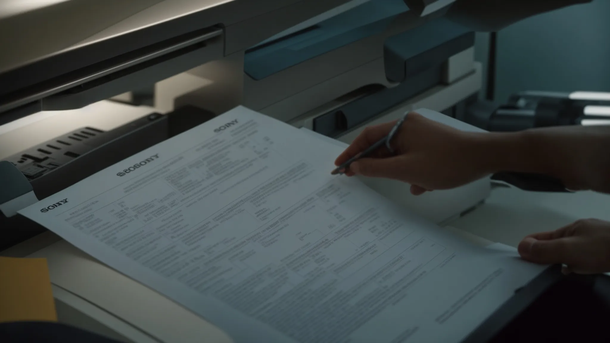 a technician examining a detailed breakdown of parts and labor costs on a repair quote for a photocopier, with a stack of additional quotes in the background.
