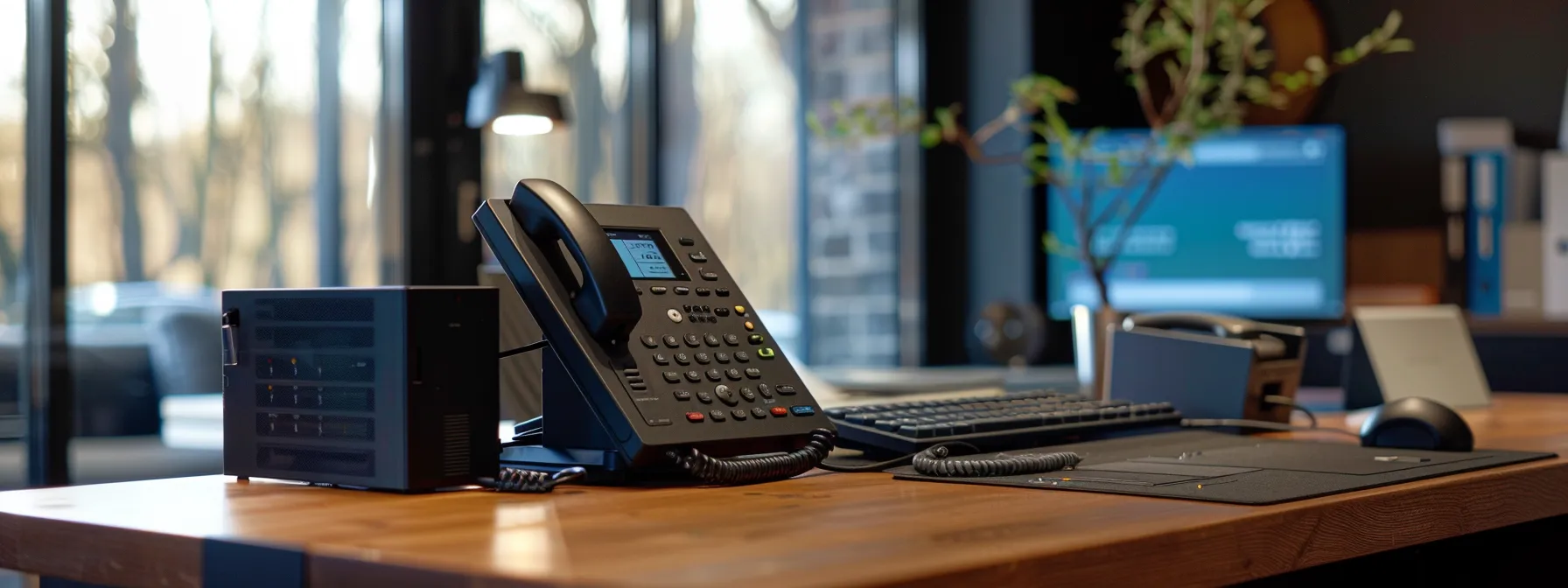 a modern office desk with a sleek, futuristic phone system setup showcasing scalability features for business growth.