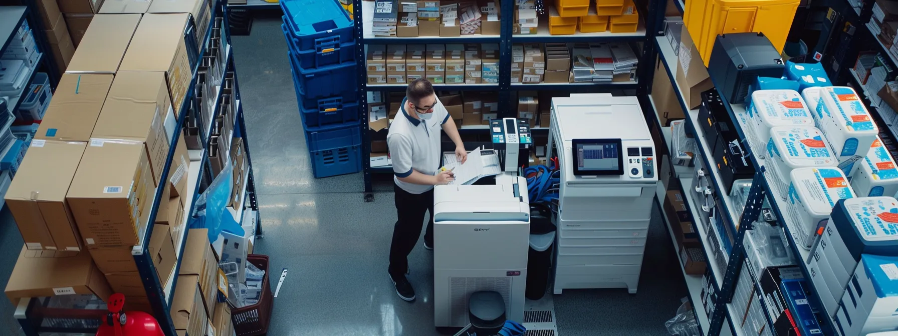 a technician performing a thorough check-up on a well-maintained photocopier, surrounded by high-quality supplies and a team of trained staff members.