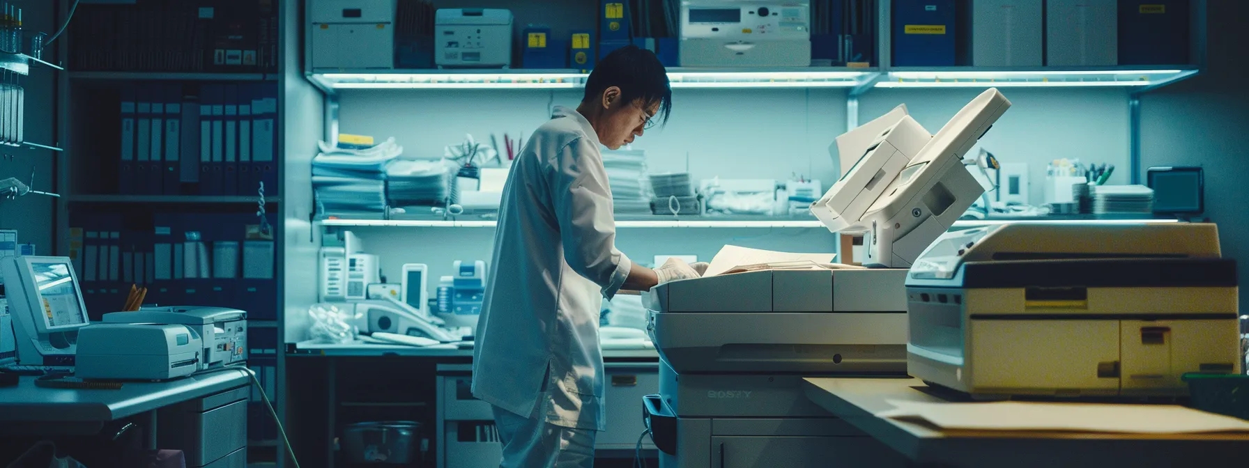 a technician carefully aligning and calibrating sensors in a high-tech photocopier, surrounded by tools and diagnostic equipment.