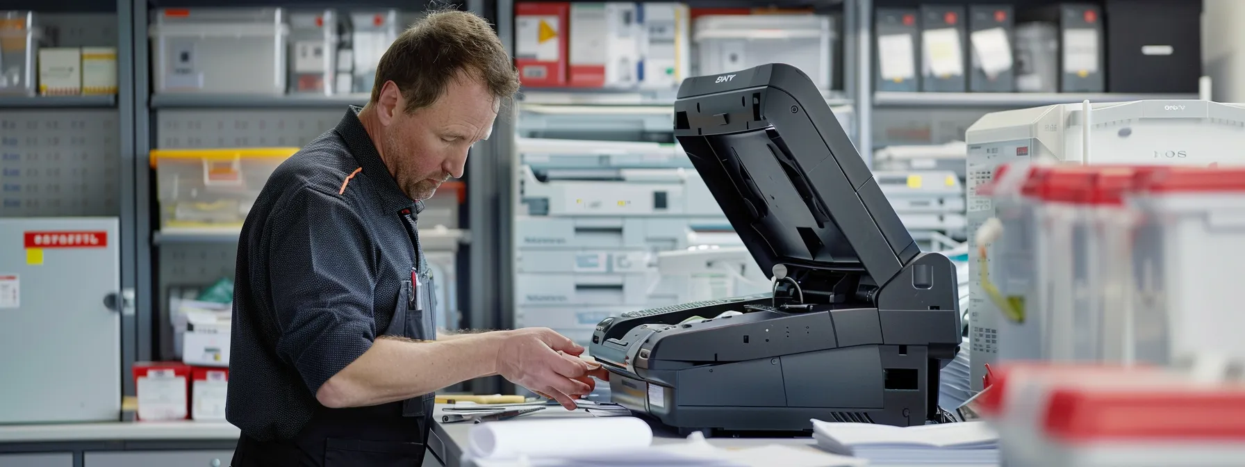 Optimize Your Office Efficiency With Flat Rate Photocopier Repair Services 9 a technician efficiently repairing a photocopier with a fixed rate service agreement, surrounded by organized tools and paperwork in a bright, well-lit office setting.