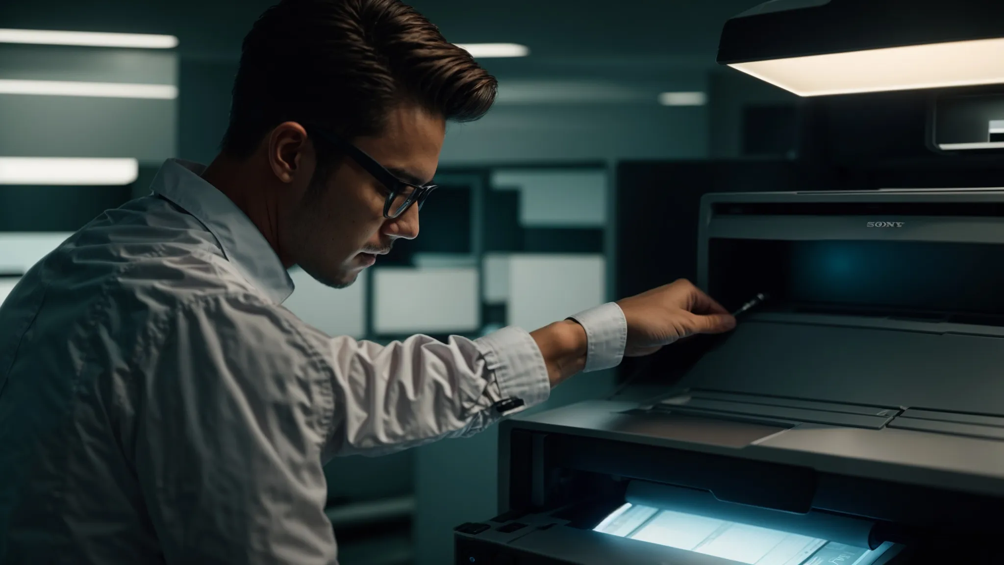 a technician in a crisp uniform swiftly repairing a high-tech photocopier in a corporate office setting.