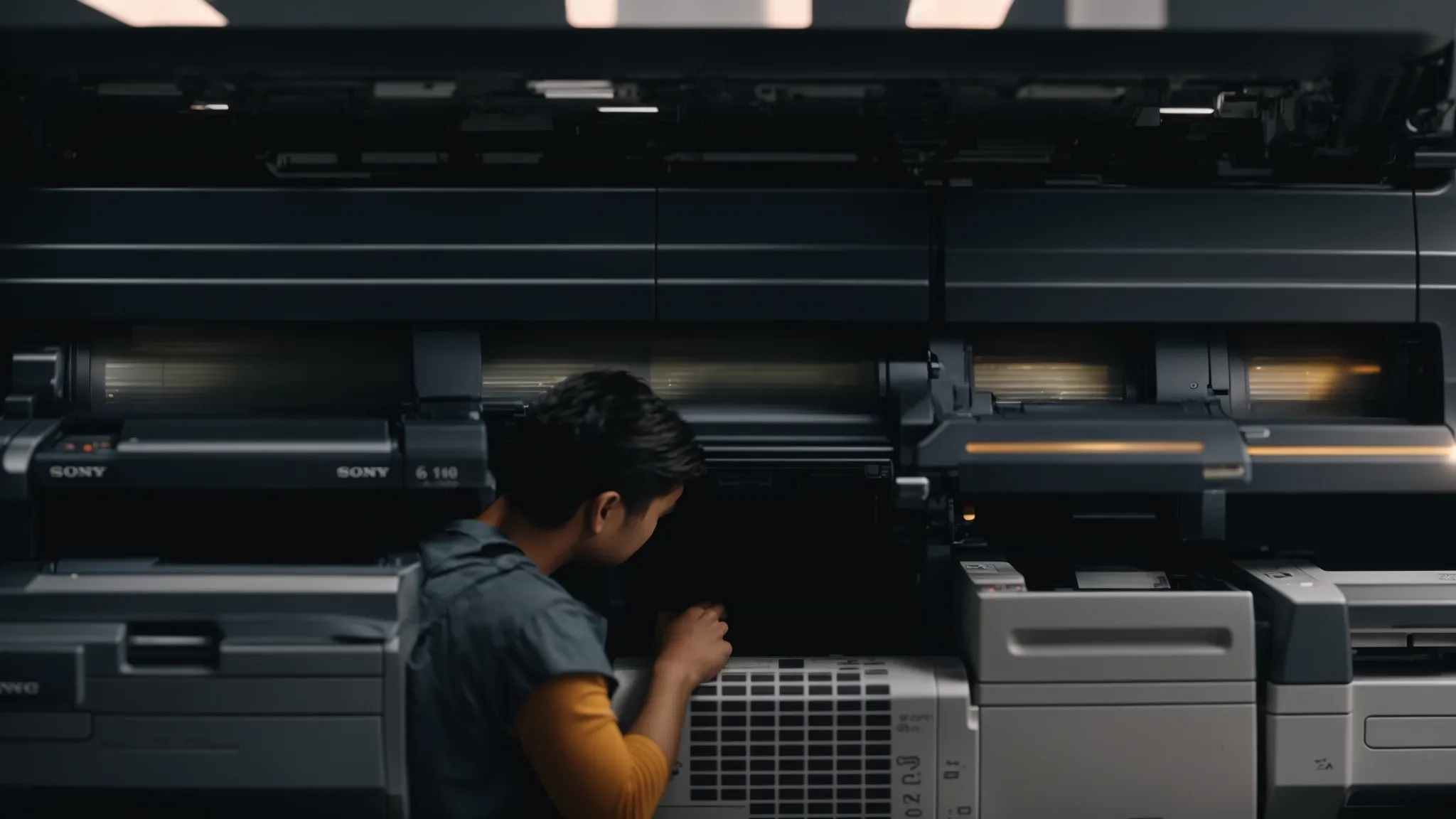 a photo of a technician examining a malfunctioning photocopier, surrounded by various brand-specific parts and error messages, with a sense of urgency and importance in the workplace.