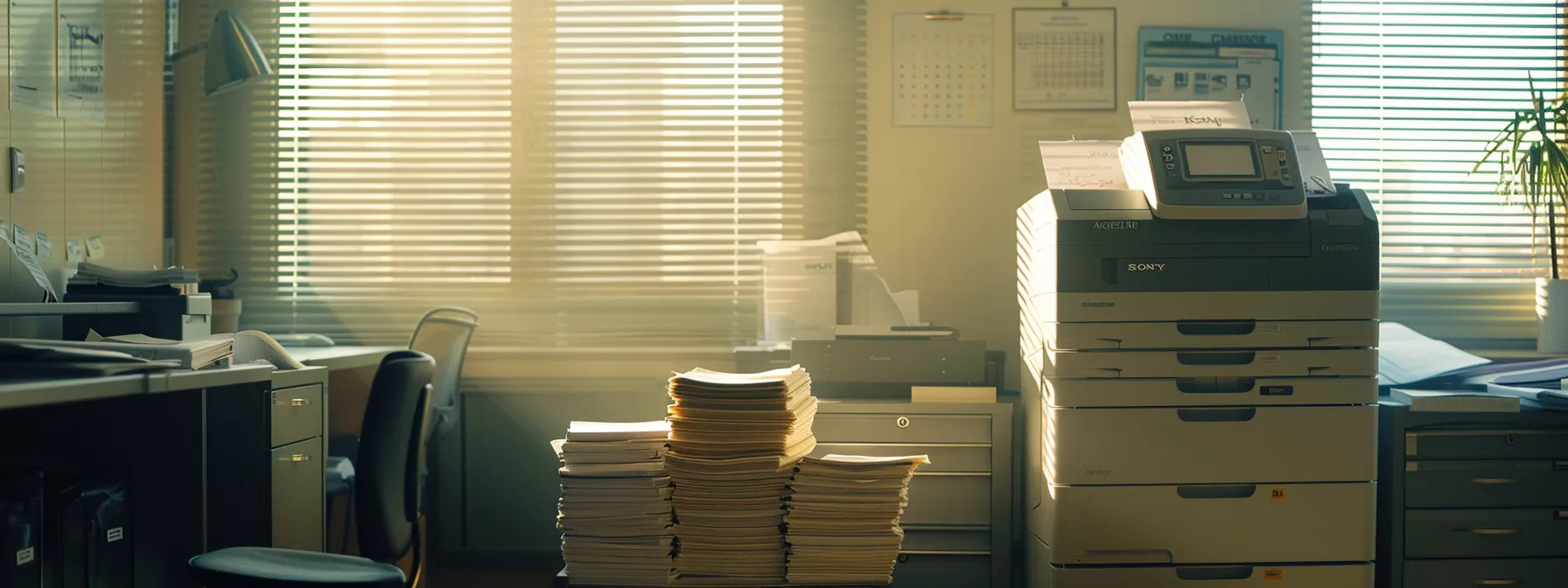 a sleek, well-maintained photocopier operating smoothly in a well-lit office environment, surrounded by a stack of pristine paper and a maintenance schedule pinned to the wall.