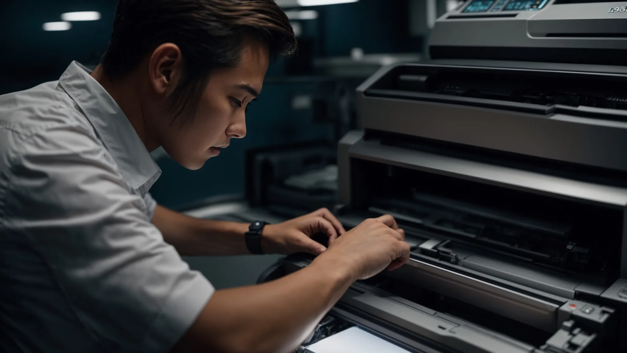 a technician carefully inspecting a copier machine, ensuring it operates efficiently and reliably.