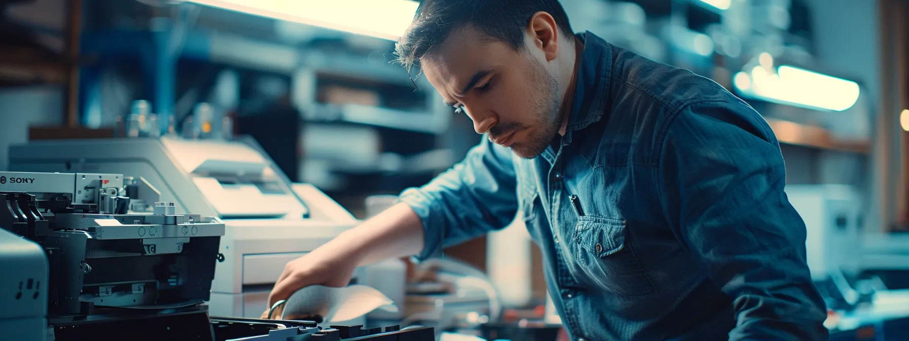 Effective Solutions for HP LaserJet Printer Problems and Repairs 13 a professional technician carefully examining a disassembled hp laserjet printer for serious hardware failures in a brightly lit repair center.