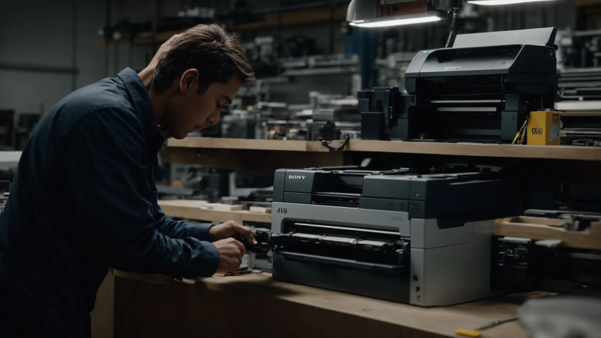 Kyocera Photocopier Repair Manual: A Comprehensive Guide 14 a busy repair shop with a skilled technician working on a kyocera photocopier, surrounded by tools and spare parts, showcasing expertise and maintenance focus.