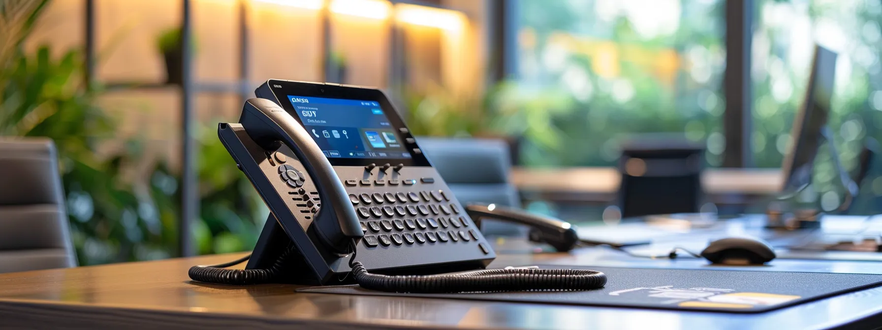 a modern office desk with a sleek, touch-screen voip phone system, showcasing cutting-edge technology for business communication needs.