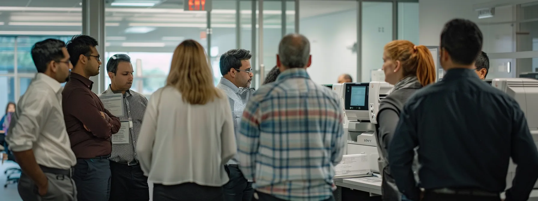 a group of employees attentively watching a trainer demonstrate proper copier usage in a brightly lit office space.