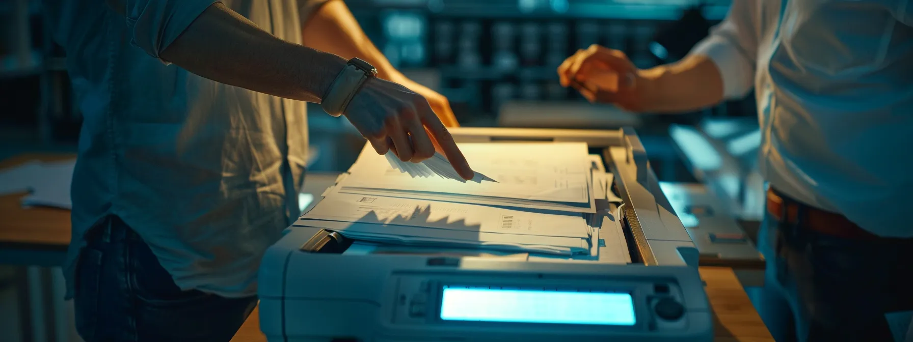Step-by-Step Guide to Fixing Photocopier Misfeeds 11 a hand reaching into a photocopier's paper tray filled with misaligned sheets, while another hand inspects the document feeder for obstructions, surrounded by internal paper paths and rollers.