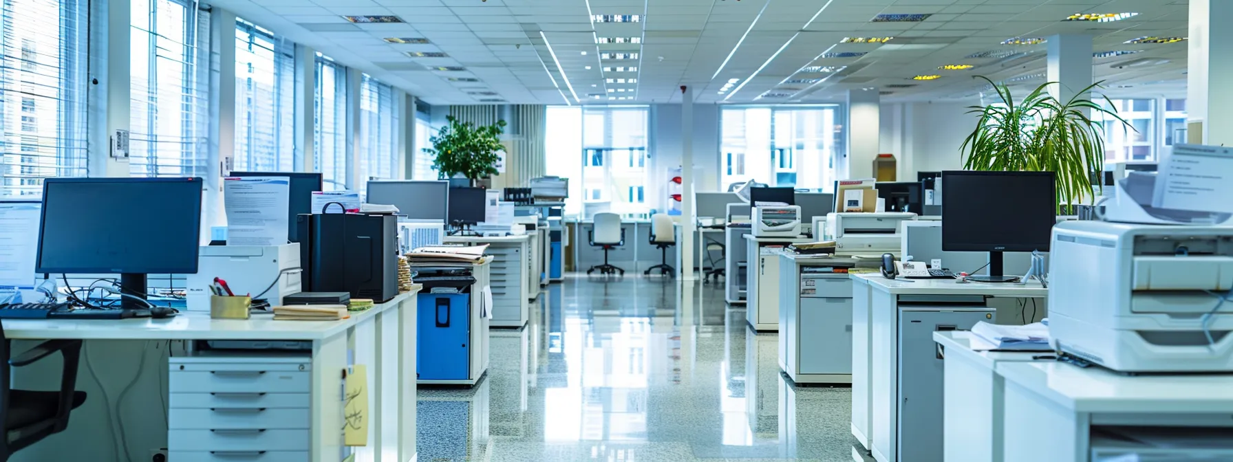 Discovering the Most Reliable Large Format Printer Brands 12 a vibrant, bustling office full of crisp, high-quality posters and banners produced by top-rated large format printers.