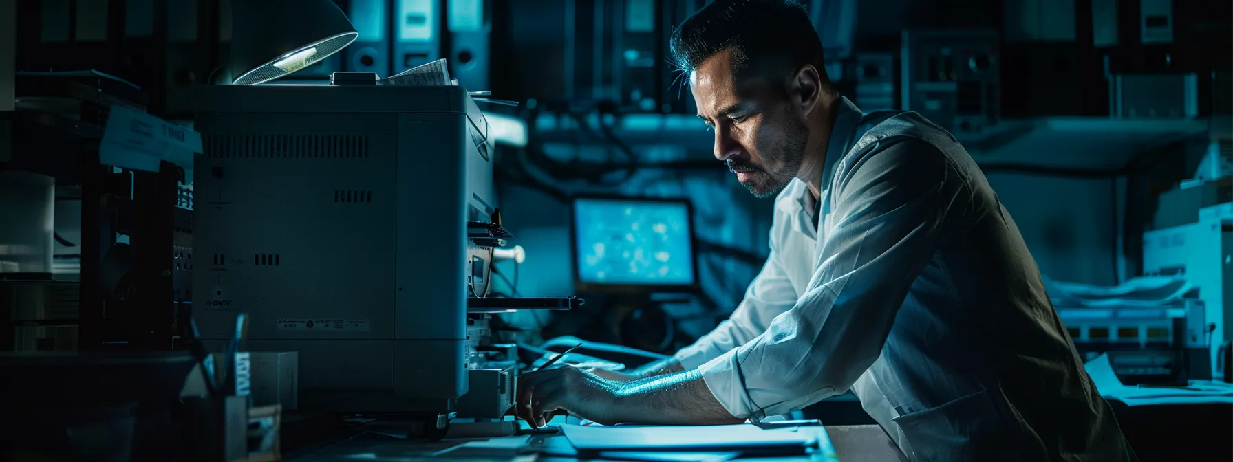 a technician troubleshooting a malfunctioning printer while examining network connectivity and resolving software conflicts.