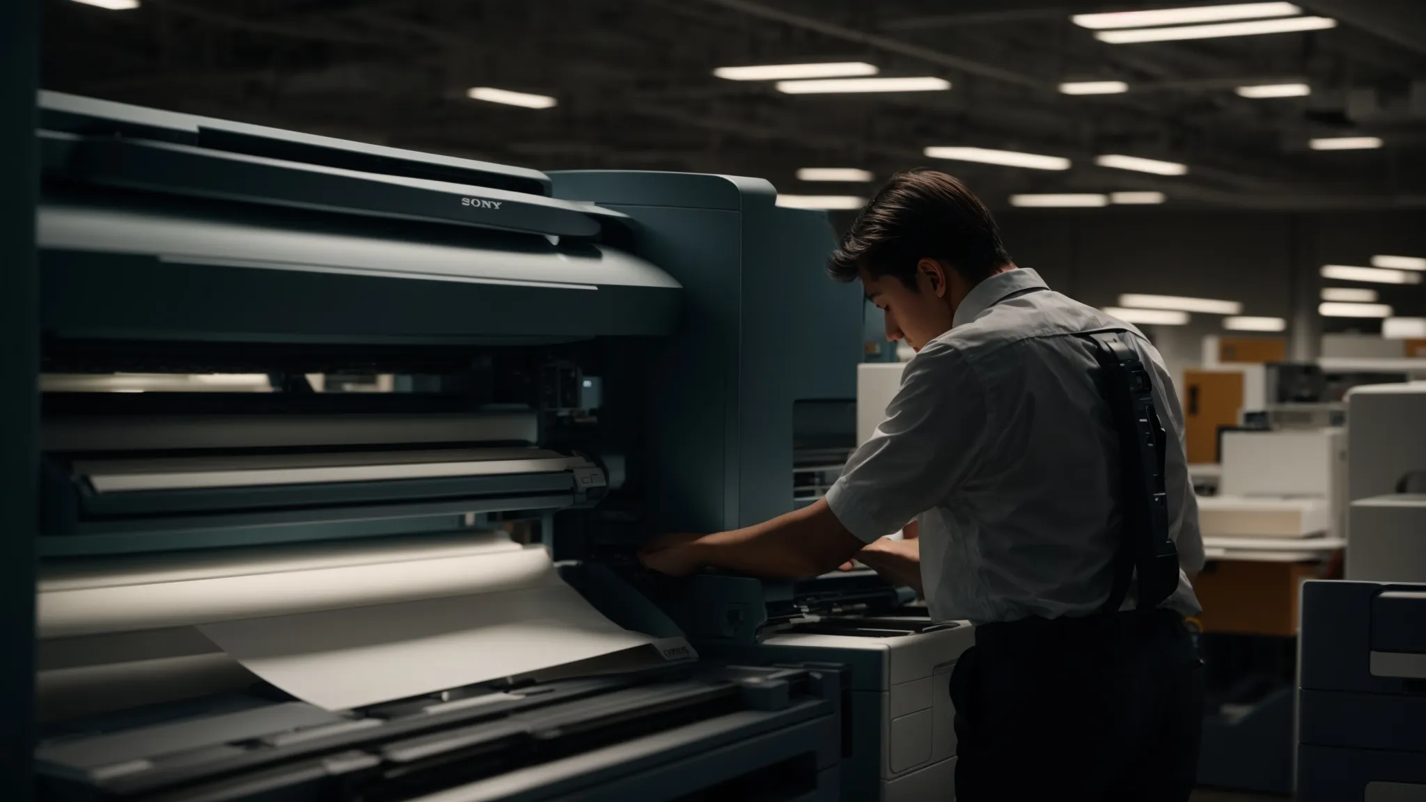 a technician diligently examining a xerox photocopier with paper jams under a harsh overhead light, showcasing the urgency and importance of reliable repair services.