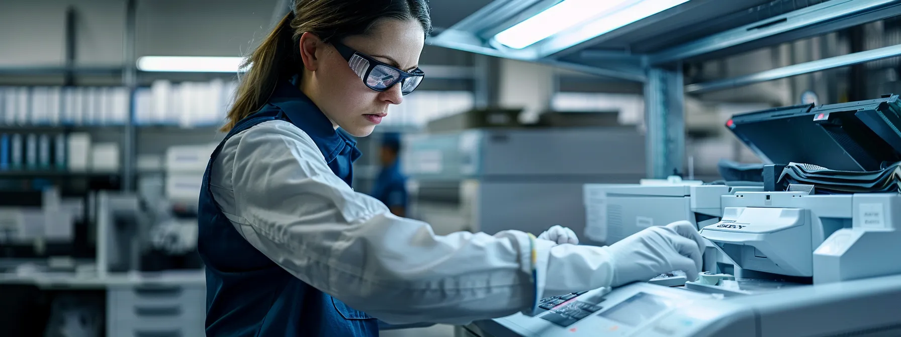 a technician meticulously cleaning a high-performance epson photocopier, removing dust and debris to ensure optimal functionality.