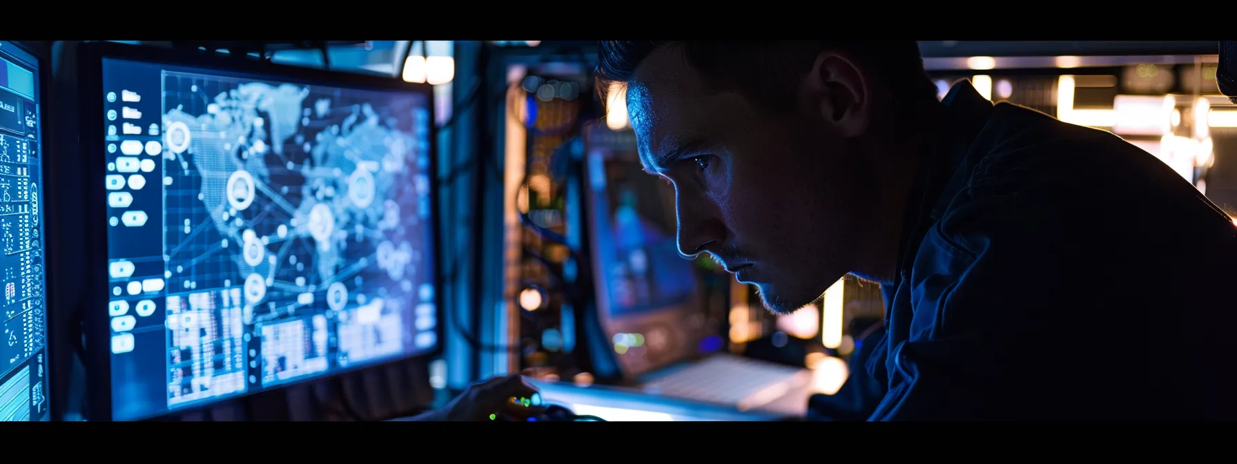 a technician analyzing network diagnostic tools while reviewing event logs on a computer screen to troubleshoot copier connectivity issues.