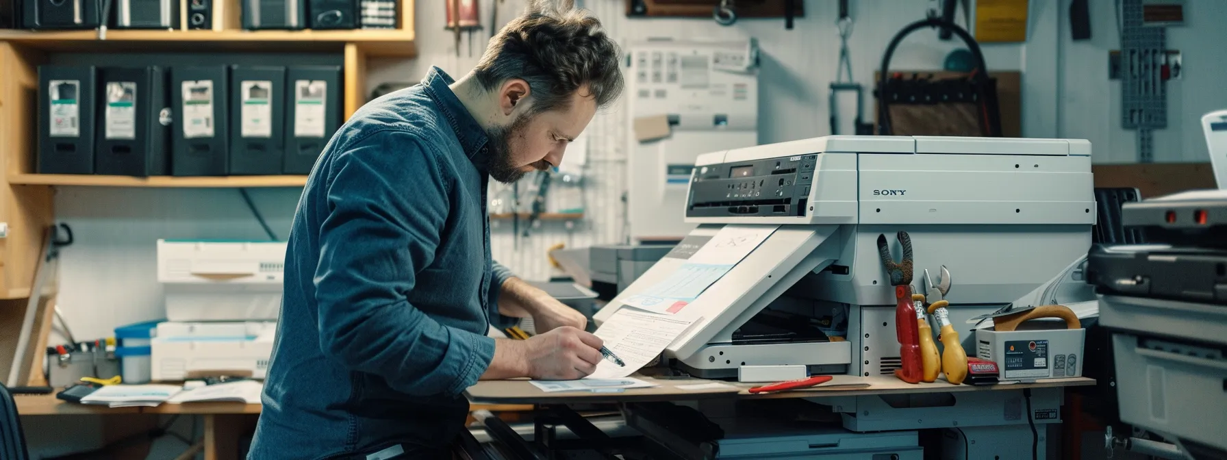 a technician carefully inspecting a pristine office copier, surrounded by tools and a maintenance calendar, ensuring optimal performance.
