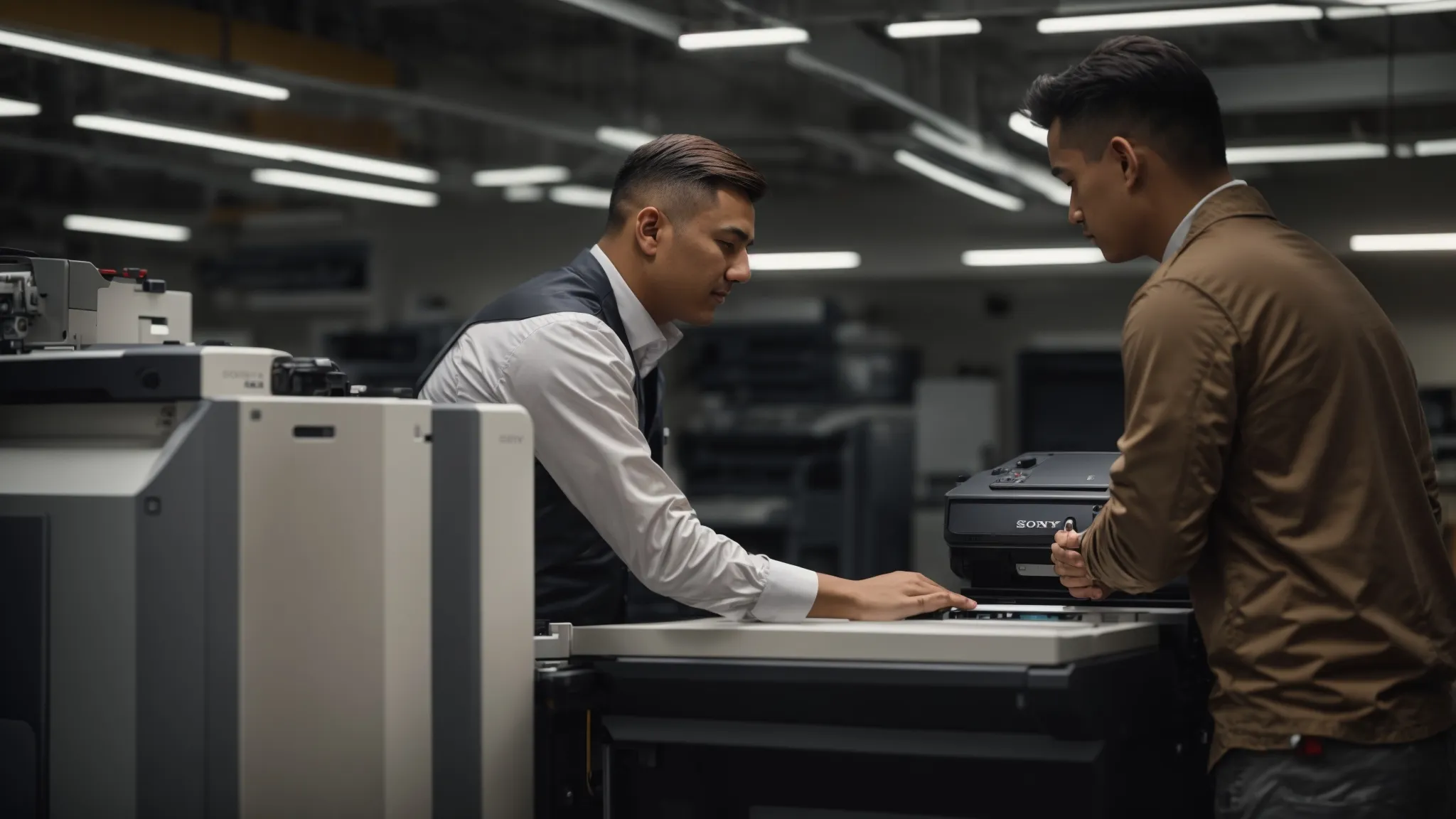 a photo of a business owner confidently shaking hands with a professional repair service technician, symbolizing a partnership for long-term maintenance and support of photocopier solutions.