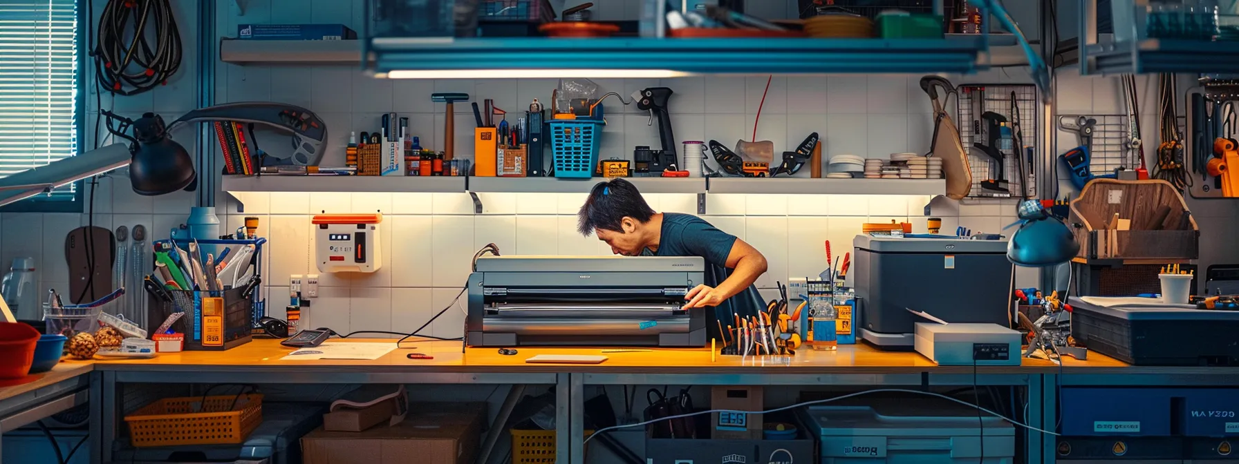 Effective Solutions for HP LaserJet Printer Problems and Repairs 11 a technician carefully cleaning the interior of an hp laserjet printer, surrounded by tools and maintenance supplies.