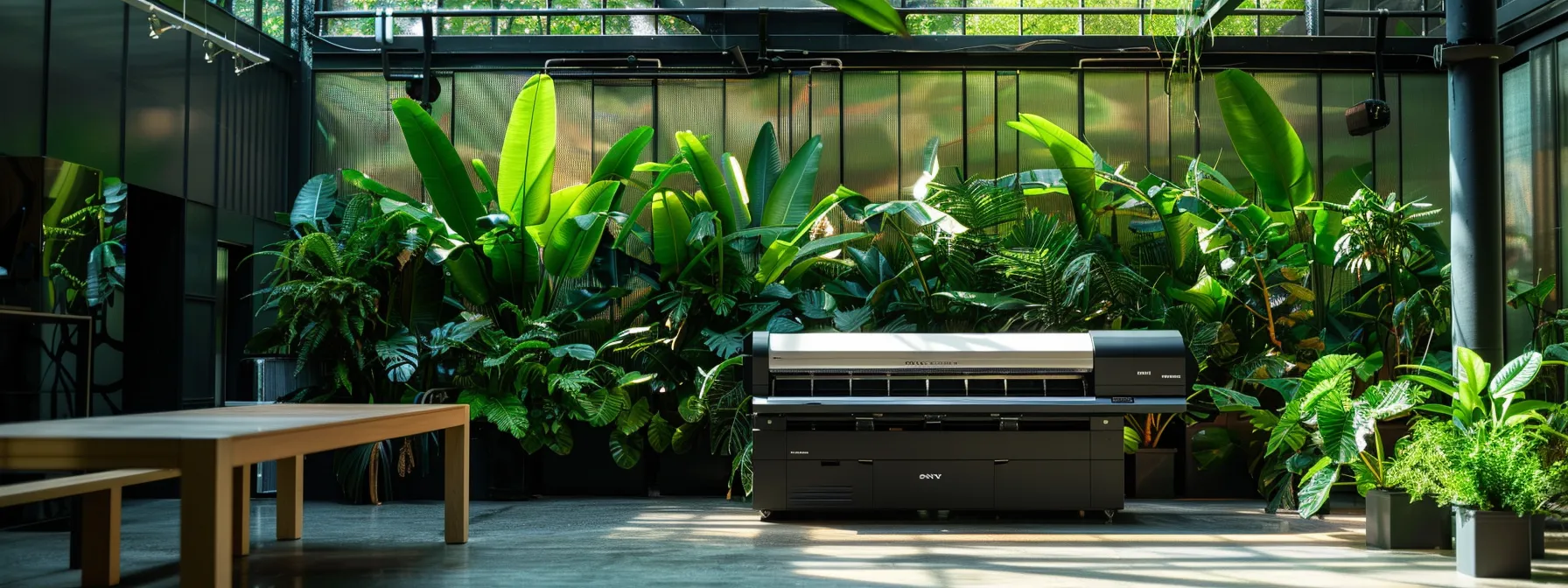 Eco-Friendly Large Format Printers: Brand Comparison Guide 9 a sleek, eco-friendly large format printer in a modern office, surrounded by lush green plants, emphasizing sustainability and environmental consciousness.