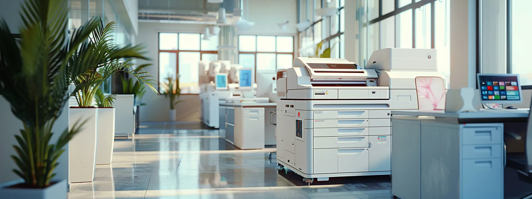 a modern office with streamlined printing processes, efficient workflow, and optimized resource usage, showcasing significant cost savings and environmental benefits.