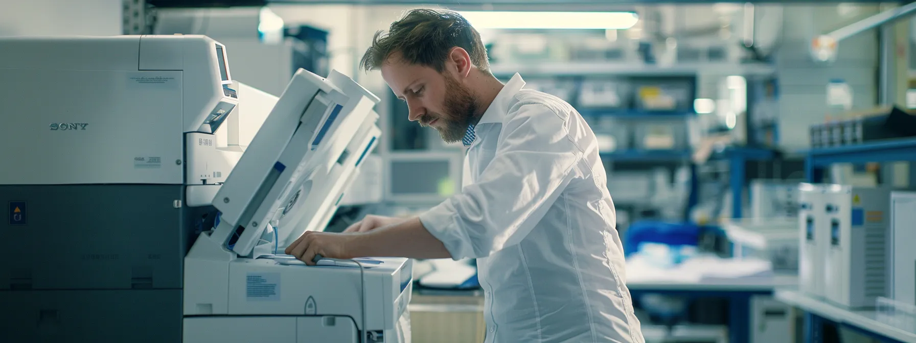 a skilled technician diligently servicing a high-tech photocopier, ensuring smooth workflow and optimal performance.