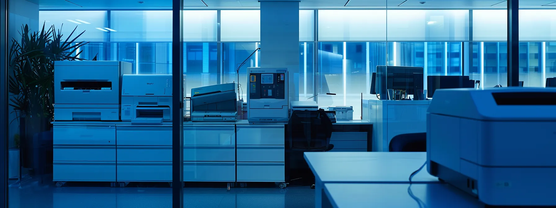a sleek, high-tech office printer fleet being efficiently monitored and managed to maximize cost savings.