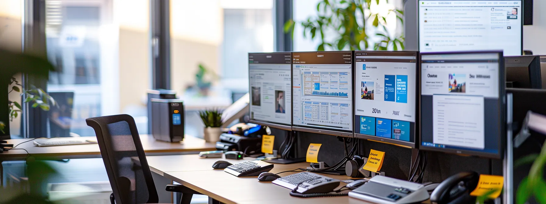 Choosing the Right Cloud-Based Phone System for Your Small Business 15 an office desk with multiple computer monitors displaying various cloud phone system provider websites and pricing plans.