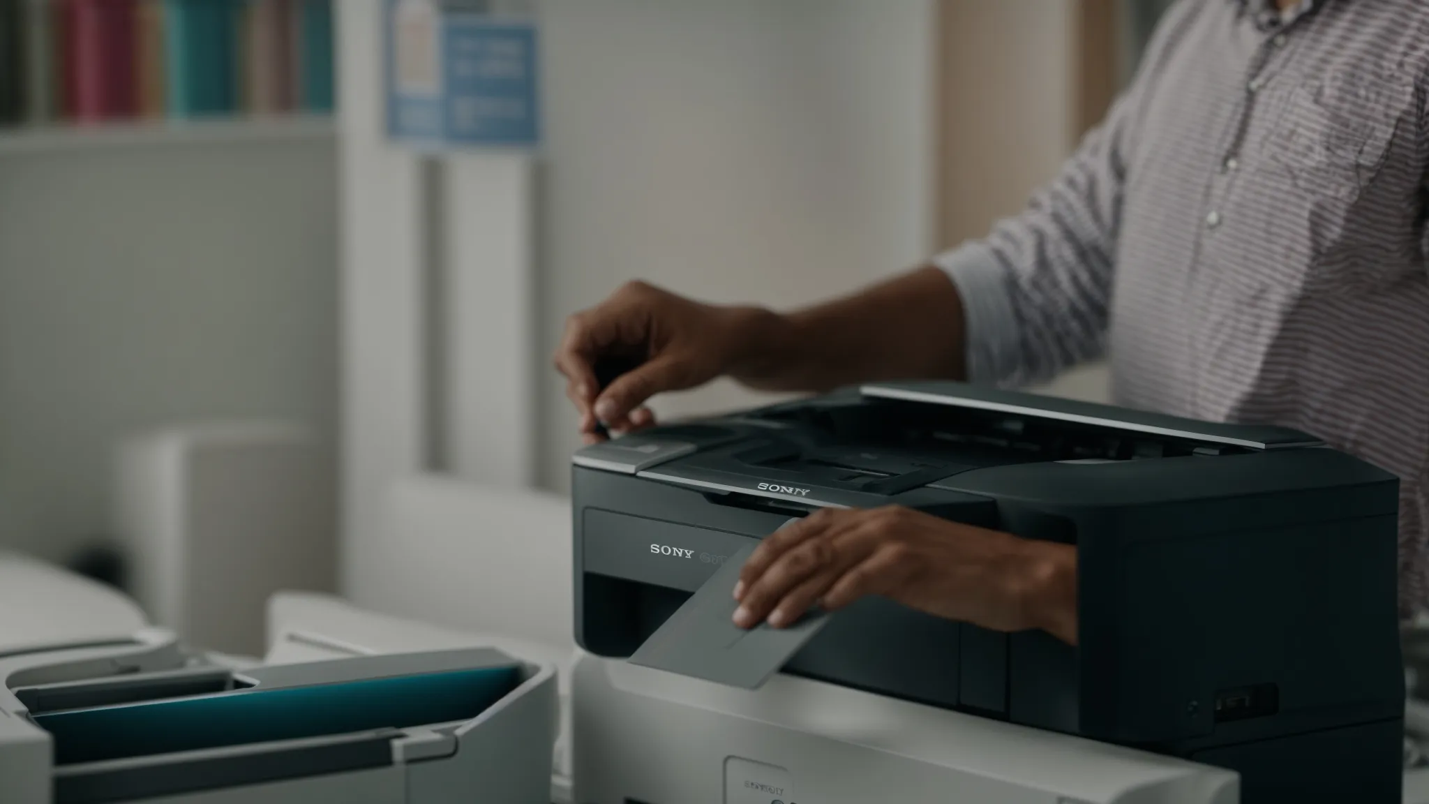 Effective Solutions for HP LaserJet Printer Problems and Repairs 10 a person carefully updating printer drivers on a sleek hp laserjet printer, with a diagnostic tool displayed on the screen showing successful results.
