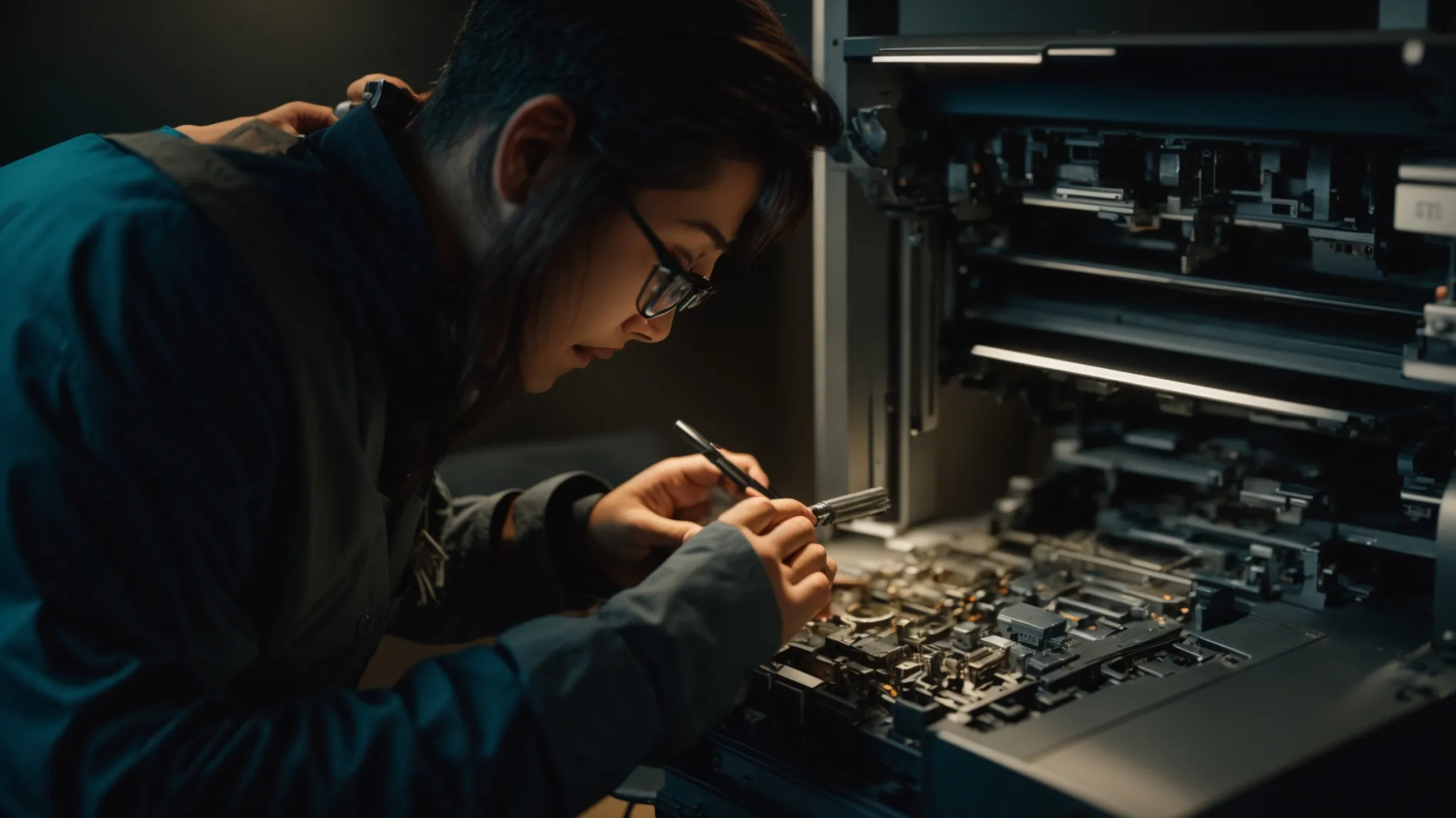 Comprehensive Guide to Photocopier Repair Service Costs 11 a technician meticulously repairing a photocopier with intricate inner workings, surrounded by tools and diagnostic equipment.