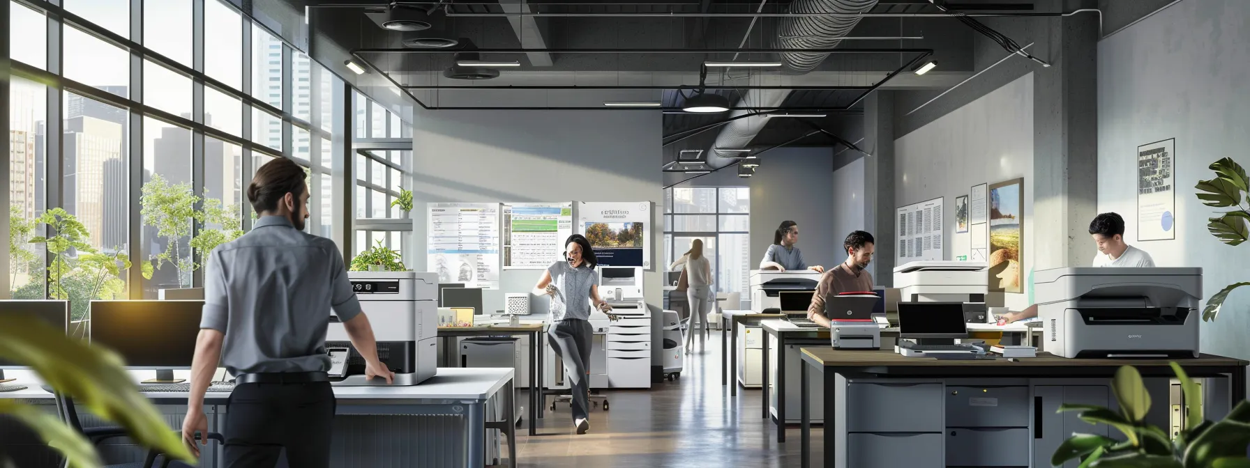 Enhancing Eco-Friendly Printing Through Managed Print Services 11 a modern office with employees using digital devices and a printer producing double-sided, multi-page documents, surrounded by eco-friendly soybean-based ink cartridges and posters promoting conscious printing practices.