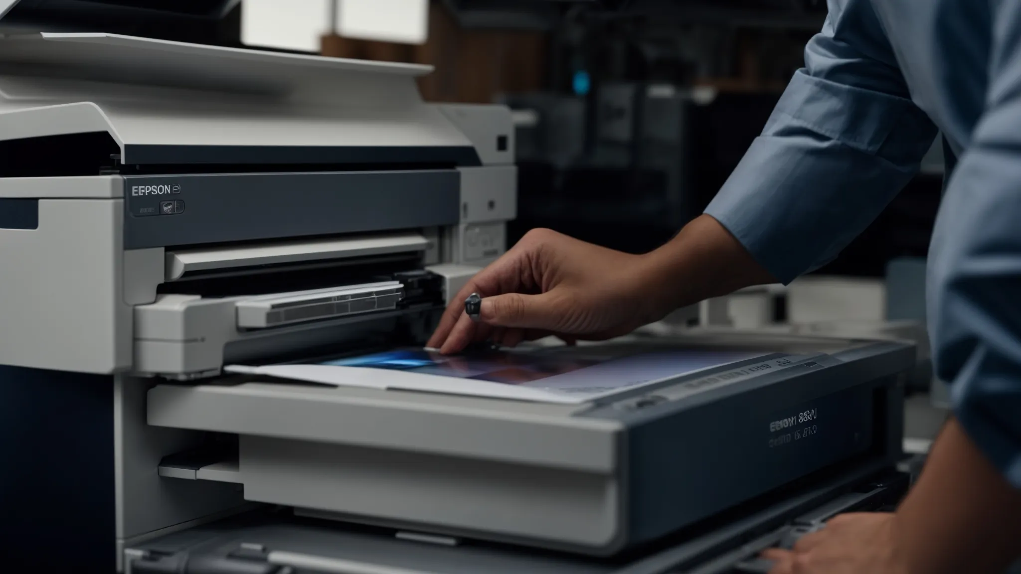 a technician carefully cleaning and inspecting an epson photocopier, surrounded by tools and maintenance supplies.
